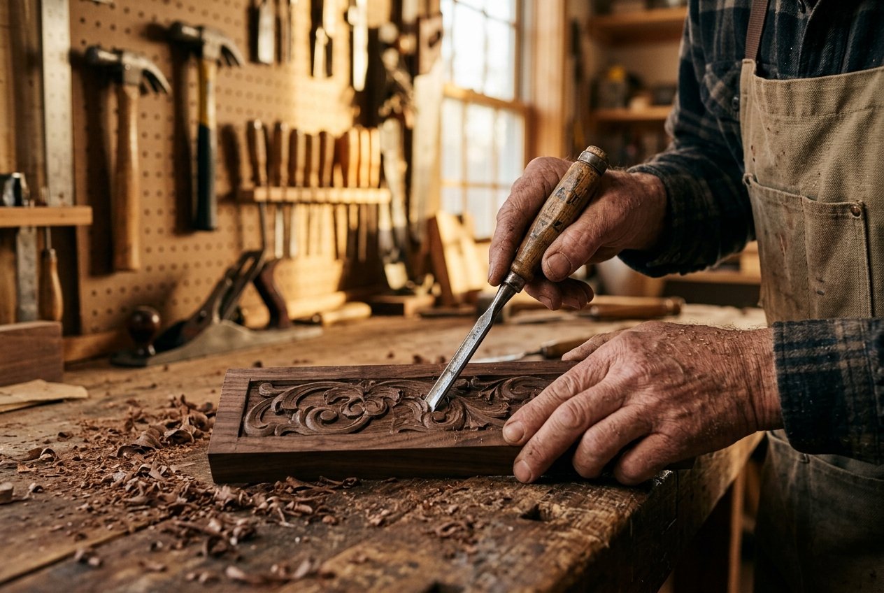 Artisan hand-carving teak wood console with chisel tools